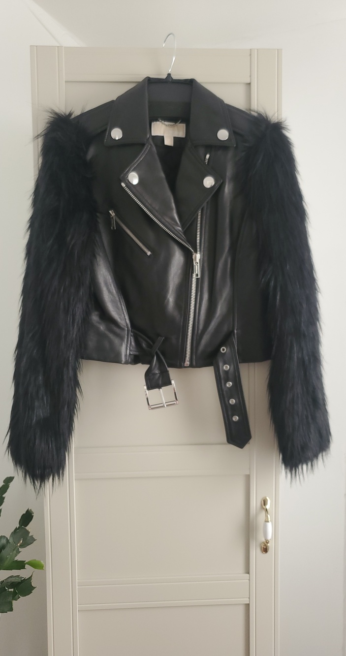 MICHAEL Michael Kors Black Leather Moto Jacket with Faux Fur Sleeves
